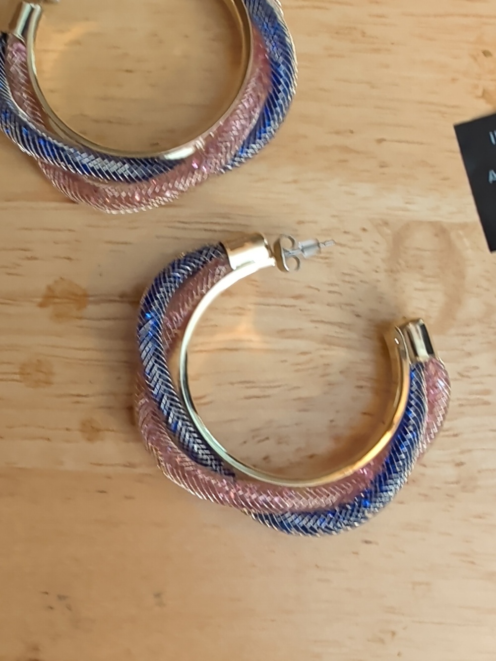 Gold Hoop Earrings with Blue and Rose Braided Accent